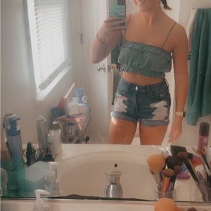 Lulus denim blue ruffled cropped tank top